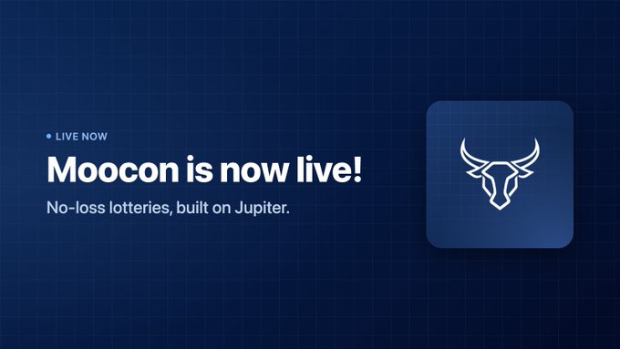 Promotional banner reading "LIVE NOW - Moocon is now live! No-loss lotteries, built on Jupiter." with a bull logo on a blue grid background.