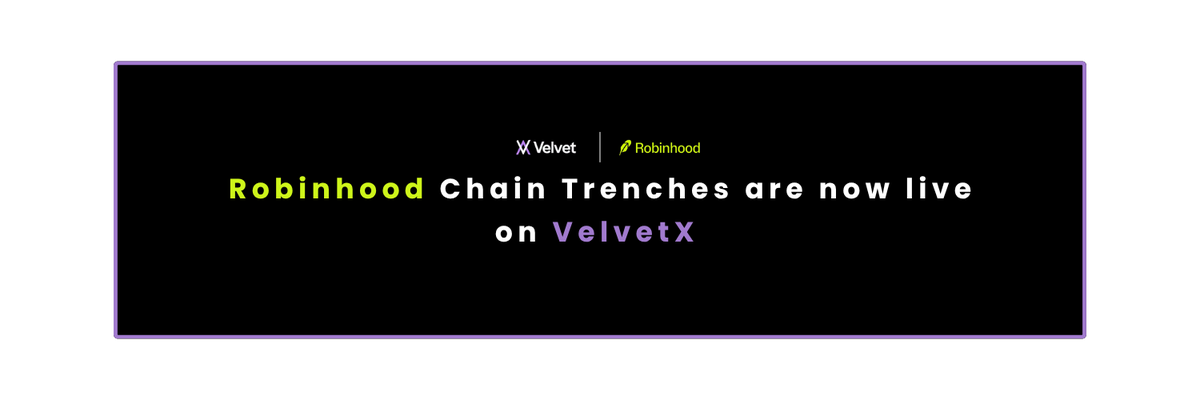 The image is an announcement banner on a black background featuring the VelvetX and Robinhood logos side-by-side, with the headline "Robinhood Chain Trenches are now live on VelvetX." It visually reinforces the post's message by promoting the new collaboration as a quieter, early-access destination for discovering real crypto opportunities before they become mainstream.