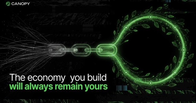 A digital graphic featuring a glowing green chain forming a loop with leaves, alongside the text 'CANOPY' and 'The economy you build will always remain yours'.
