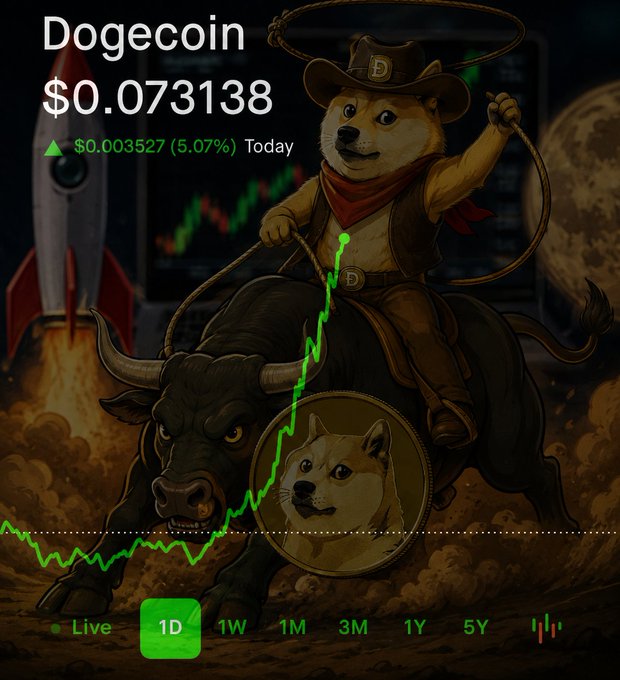 Dogecoin price tracking screen showing $0.073138 with a 5.07% daily gain, featuring artwork of the Doge Shiba Inu riding a bull while holding a lasso with a rocket ship in the background.