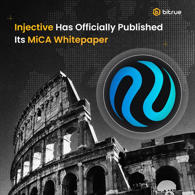The image features a promotional graphic from Bitrue announcing that Injective ($INJ) has officially published its MiCA Whitepaper, set against a black-and-white backdrop of the Roman Colosseum with the Injective logo prominently displayed. The accompanying text highlights that the whitepaper aims to unlock a new regulated framework for expanding $INJ access across the EU, with a call to stake $INJ on Bitrue.