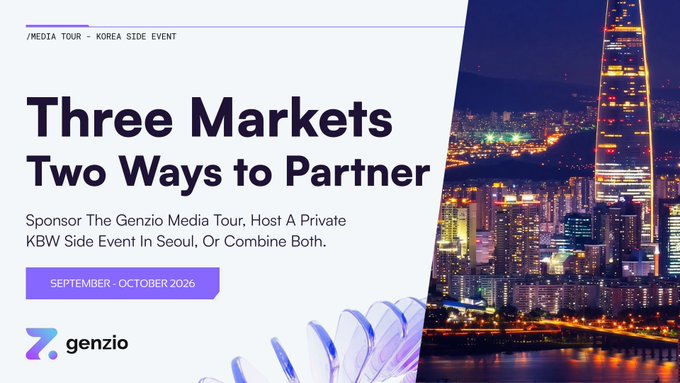 A promotional banner for a 'genzio' Media Tour in Korea Side Event, advertising 'Three Markets Two Ways to Partner' for September - October 2026, set against a nighttime city skyline.