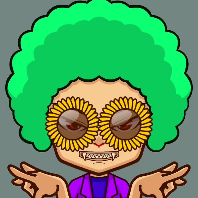 A cartoon character with a large bright green afro hairstyle, wearing sunflower-shaped sunglasses with menacing eyes, displaying sharp vampire-like fangs and making finger-gun gestures.