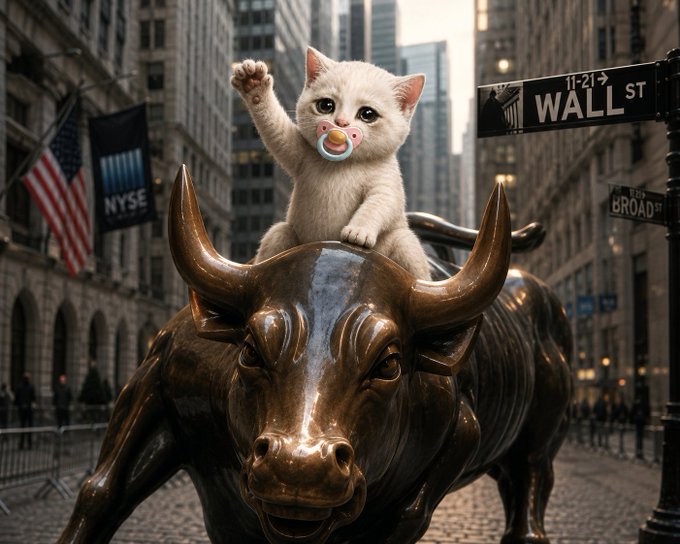 An AI-generated image shows a white kitten with a pacifier sitting atop the bronze Wall Street Charging Bull statue, with a 'WALL ST' sign and 'BROAD' street sign visible, along with an American flag and NYSE banner in the background.