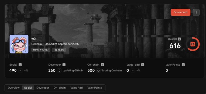 A user profile dashboard on an "Onchain" platform displays account "w3" with an Overall score of 616, Rank #40483, and Top 13.8% standing, showing Social (490), Developer (260), and On-chain (500) metrics. The post promotes joining Jumper Exchange for new token launches with an invite link, suggesting the image serves as a showcase of on-chain reputation or credentials to encourage others to register.