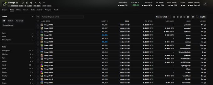 A screenshot of a Frongs NFT marketplace portfolio page displays a list of owned Frongs tokens with their token IDs (#3001 through #3450), floor prices in WETH, top bid amounts, and mint/listing timestamps. The image relates to the post by showing the user's collection of Frongs NFT holdings, including several rare items like Frongs #3007, #3012, and #3020, illustrating an active collector's portfolio view on the marketplace.