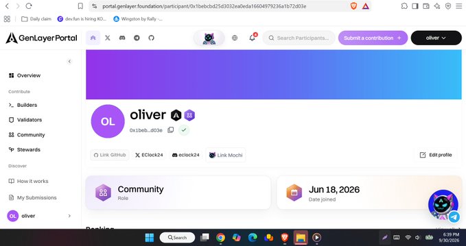A GenLayer Portal participant profile for user 'oliver' with the wallet address 0x1beb...d03e, showing a Community role and a join date of Jun 18, 2026.