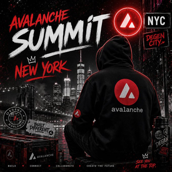 Promotional artwork for 'Avalanche Summit New York' featuring a hooded figure overlooking the NYC skyline at night with an avalanche logo, 'Degen City' signs, and 'Built Different' branding.