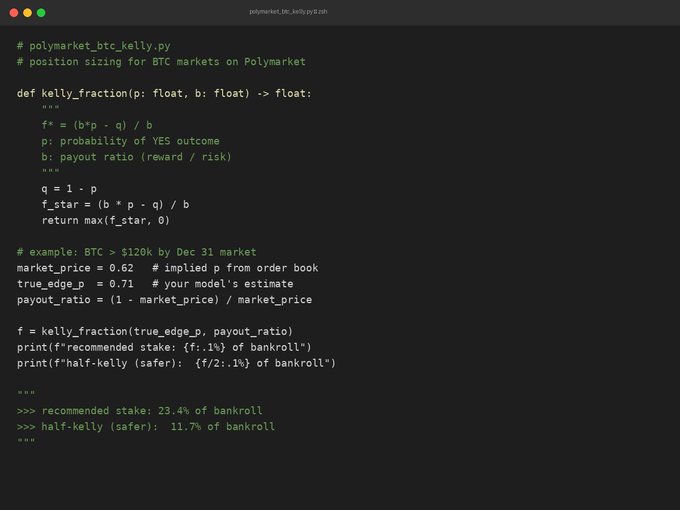 A code editor showing a Python script named "polymarket_btc_kelly.py" that calculates Kelly fraction for position sizing on BTC markets.