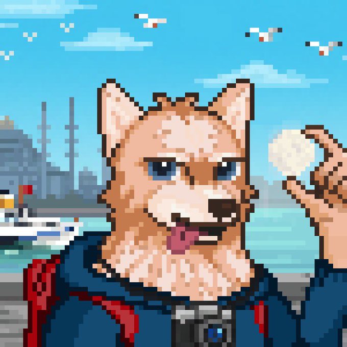 A pixel art portrait of a Shiba Inu dog wearing a blue hoodie and red jacket, set against a backdrop of a futuristic city with seagulls flying in the sky.