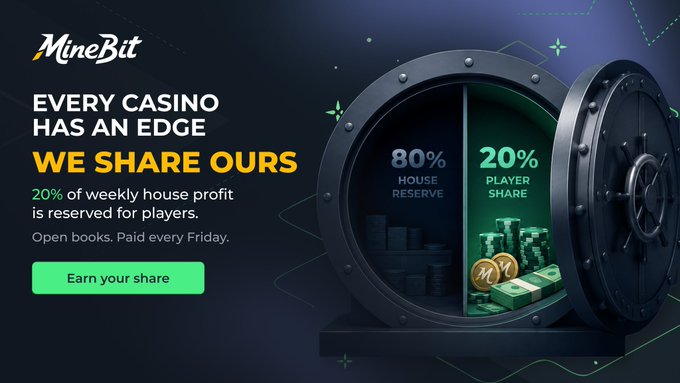 A promotional banner for 'MineBit' casino advertising that they share 20% of weekly house profit with players, showing a vault split into 80% House Reserve and 20% Player Share.