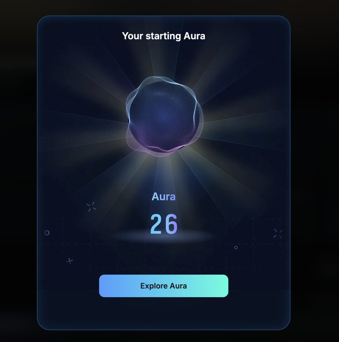 A dark-themed digital interface card titled 'Your starting Aura' showing a glowing abstract shape and the value 'Aura 26' above an 'Explore Aura' button.