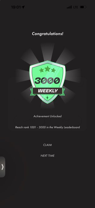 A phone screenshot displays an achievement unlocked screen with a green badge reading '3000' and 'WEEKLY', noting 'Reach rank 1001 - 3000 in the Weekly Leaderboard'.
