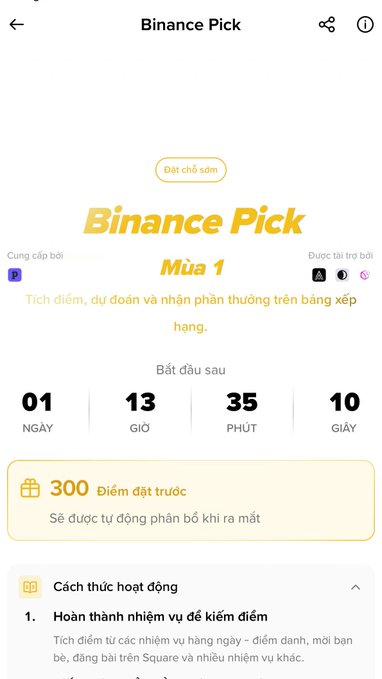 A mobile app screenshot for 'Binance Pick Mùa 1' (Binance Pick Season 1) showing a pre-launch countdown of 01 day, 13 hours, 35 minutes, 10 seconds, with 300 pre-order points and instructions in Vietnamese for earning points through daily tasks.