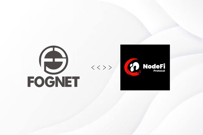 The image features two logos side by side against a white background. The logo for FOGNET is black and gray, while the logo for @nodefiprotocol is red and white. Both logos are centered within the frame of the image. The text "Partnership Announcement" is written in white at the bottom of the image.