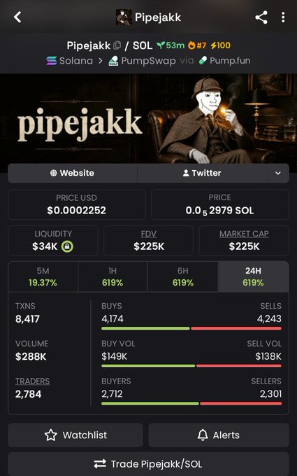 A cryptocurrency trading interface showing the 'Pipejakk' token (SOL/SOL) priced at $0.0002252 with a market cap of $225K, 24-hour trading volume of $288K, and 619% gains across multiple timeframes.