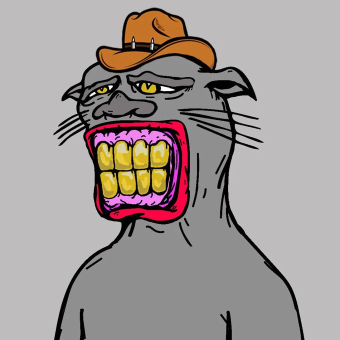 A cartoon drawing of a gray creature with an oversized mouth full of large gold teeth, wearing an orange cowboy hat.