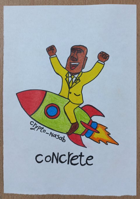 A hand-drawn illustration on white paper showing a man in a yellow suit riding a green and red rocket with flames, featuring the text 'Crypto-Nasab' on the rocket and 'conclete' written below.