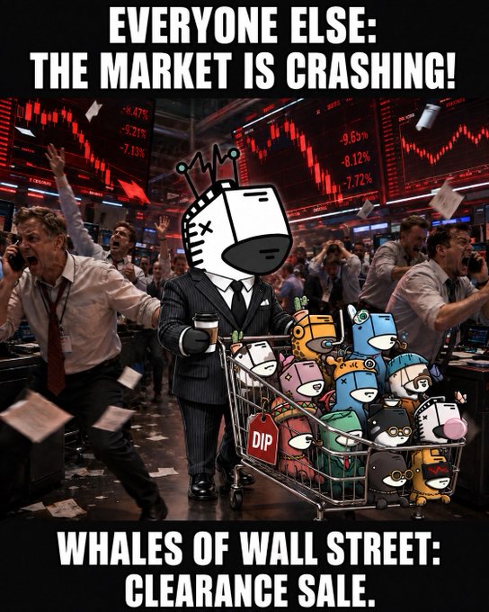 A meme showing a chaotic stock trading floor with the top text 'EVERYONE ELSE: THE MARKET IS CRASHING!' and bottom text 'WHALES OF WALL STREET: CLEARANCE SALE,' featuring a suited cartoon character pushing a shopping cart full of NFT-style cartoon animals labeled 'DIP.'