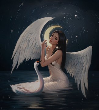 The image features a beautiful illustration of a woman with long hair, wearing an elegant white dress, sitting next to a swan that has its wings spread out. The background of the image is dark blue, which contrasts nicely with the white elements in the scene. The swan appears to be floating on water, and there are stars visible in the sky above them. The woman's position near the swan suggests they might be sitting together or sharing a moment.
