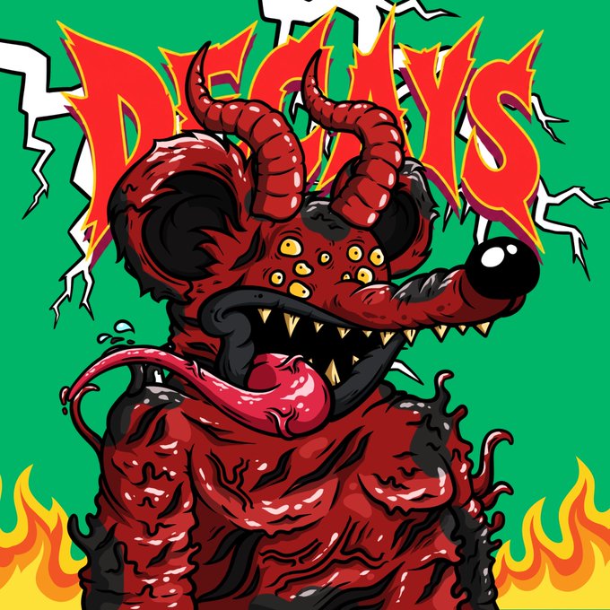A vibrant cartoon illustration of a multi-eyed red demon with horns and a long tongue, surrounded by flames and lightning bolts against a green background, with the word 'DEGENS' in stylized red letters.