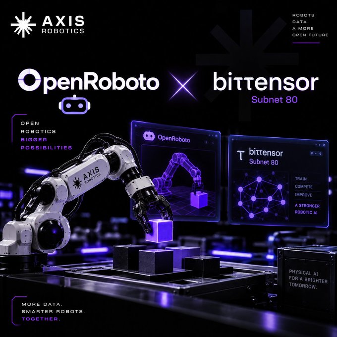 A promotional graphic displays a partnership between "OpenRoboto" and "bittensor Subnet 80" alongside an image of a robotic arm, with the headline "MORE DATA. SMARTER ROBOTS. TOGETHER."