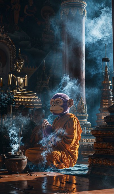 A monkey in saffron robes meditates with hands in prayer pose, surrounded by smoke and golden Buddha statues in a sacred temple—visually embodying the "holy" meme energy of $BAYLA as depicted in the post. The shrine-like setting reinforces the religious reverence the post assigns to meme culture on the island.