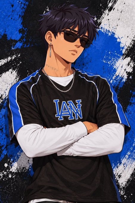 An anime-style illustration shows a young man with dark hair and sunglasses, wearing a black and blue shirt with 'IAN' printed on it, standing against a textured blue background.