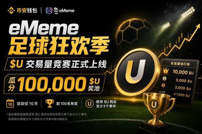The image features a poster for an online game called "Ememe", which has a soccer ball, trophy, and sports balls as its main elements. The poster also includes Chinese text that reads "币安钱包 eMeme 里用稳定币 $U 购买足球狂欢季". This suggests that the game is available in both English and Chinese, making it accessible to a wider audience. The poster also includes a prize for players who can beat a certain score or complete specific tasks within the game.