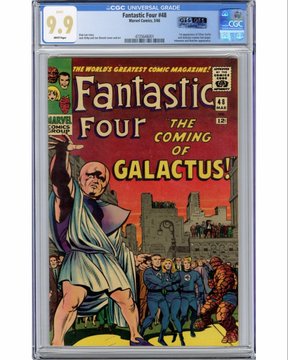 A CGC 9.0 graded vintage comic book cover of 'Fantastic Four #48' featuring 'The Coming of Galactus!' published by Marvel Comics.