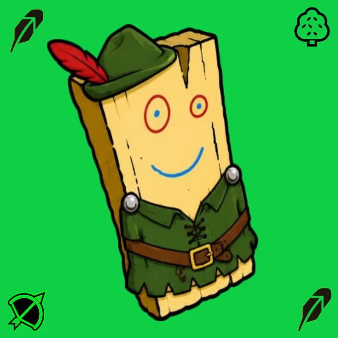 A digital illustration of a smiling wooden plank character wearing a green tunic and a Robin Hood-style hat with a red feather, set against a bright green background.