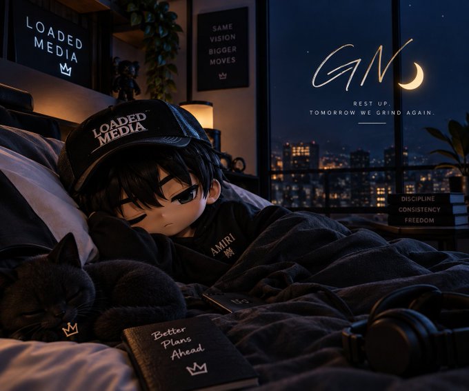 Anime-style artwork of a character wearing a 'Loaded Media' hat sleeping in bed with a cat, alongside motivational text 'GM', 'Rest up. Tomorrow we grind again.', 'Same vision bigger moves', and 'Discipline Consistency Freedom'.