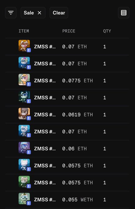A dark-themed marketplace listing showing multiple ZMSS NFT items for sale with prices ranging from approximately 0.055 to 0.0775 ETH each.