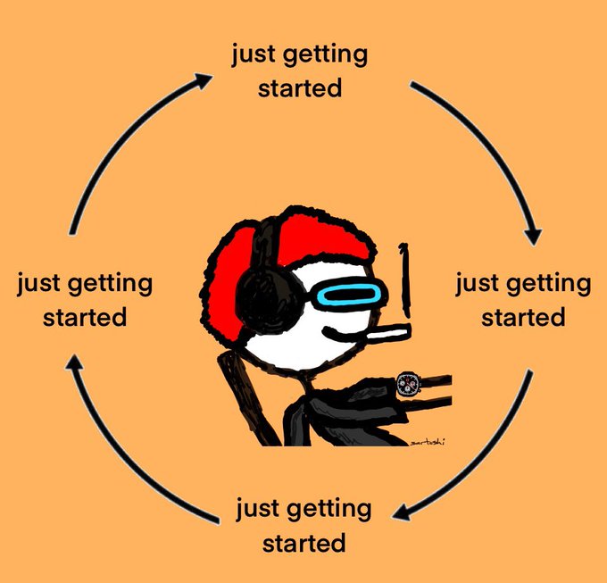 The image features a cartoon depiction of a person wearing headphones, sitting down with their eyes closed while holding a steering wheel. The person appears to be in a car or driving seat, suggesting that they are either starting or just getting into a vehicle. The text "Just getting started" is written above the person's head and below them, indicating that they have recently begun an activity or journey.