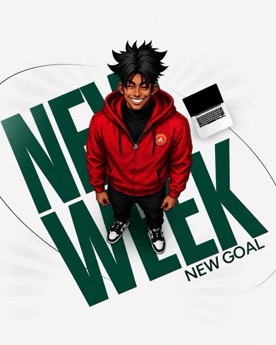 A stylized illustration of a smiling young man in a red hoodie holding a laptop, standing atop bold green text reading "NEW WEEK" with "NEW GOAL" displayed beneath—visually echoing the motivational message about focusing on the process behind achieving new goals.