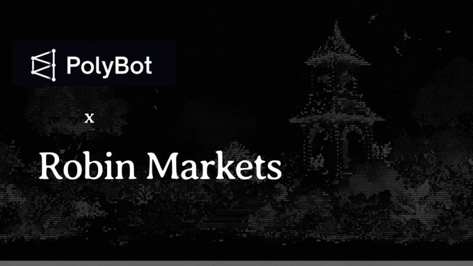 A dark promotional graphic features a black-and-white background image of a traditional pagoda-style tower, overlaid with the white "PolyBot" logo and name, an "x" connector, and "Robin Markets" in large serif text—announcing their integration partnership.