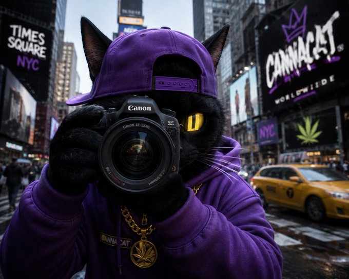 An AI-generated image of a black cat wearing a purple hoodie and cap, holding a Canon camera up to its face, standing in Times Square NYC with 'CANNACAT WORLDWIDE' billboards visible.