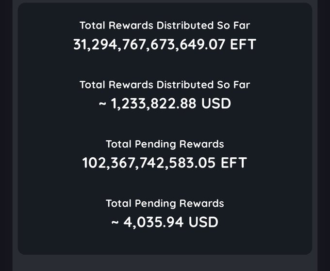 A dark screen displaying financial statistics including 'Total Rewards Distributed So Far 31,294,767,673,649.07 EFT' and '~ 1,233,822.88 USD'.