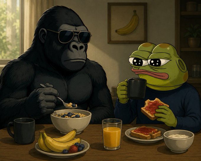 The image features a cartoon scene of two cartoon characters, a gorilla and a frog, sitting at a table with breakfast food items such as bananas, toast, cereal, and coffee cups. The gorilla is wearing sunglasses and holding a cup of coffee while eating his breakfast. The frog has a banana in its hand and also appears to be enjoying the meal. The background includes a window that allows natural light into the room, creating a cozy atmosphere for their breakfast gathering.