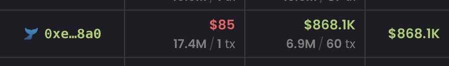The image shows a trading leaderboard or profit tracker displaying wallet "0xe...8a0" with two entries: a current position showing "$85" with "17.4M / 1 tx" in red, and a historical profit of "$868.1K" with "6.9M / 60 tx" in green. This visualizes the "$85 to $868K" profit claim on $CASHCAT mentioned in the post, showcasing an alleged massive return on investment.