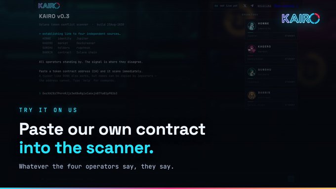 The image shows a KAIRO v0.3 solana token contract scanner interface with the tagline "Paste our own contract into the scanner" and mentions four operators (MONKE, KAGERO, GURRMU, BAKHIR) that scan independently, aligning with the post's message about testing their own contract CA "59wZaKC2LHcNk4AFLKimE8LcPWMztn7xj2DRTotppump" through KAIRO's four-operator scanning system.