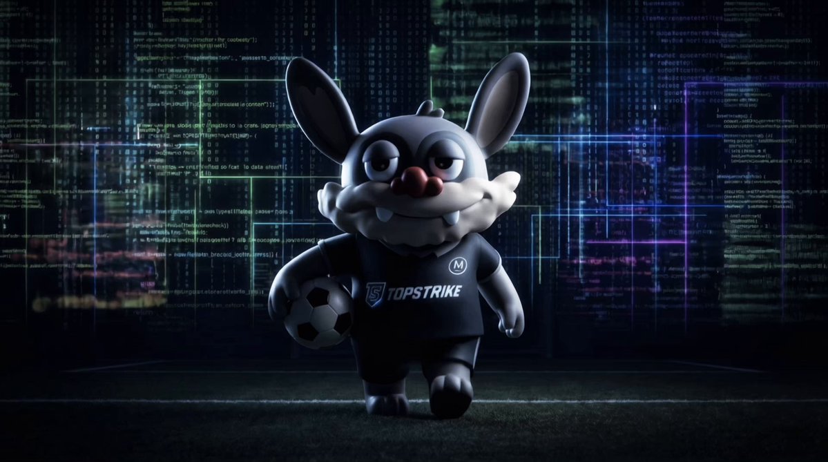The image features a cartoon rabbit holding a soccer ball. The rabbit appears to be wearing a black shirt with the word "Topstrike" written on it. The background of the image shows a city skyline, which adds an urban touch to the scene. The caption below the image reads, "Did you know @ megaeth has a SuperApp for the 2026 FIFA World Cup? It'S called TopStrike."