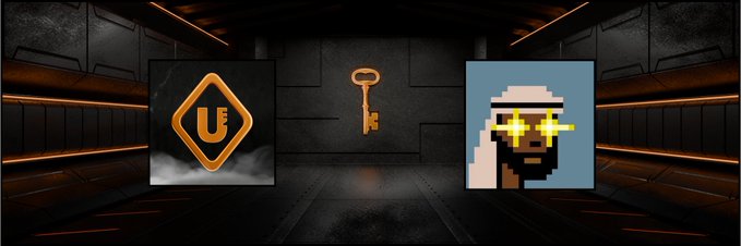 A dark sci-fi themed banner displays a U-shaped logo on the left, a golden key in the center, and a pixel-art character wearing sunglasses on the right.