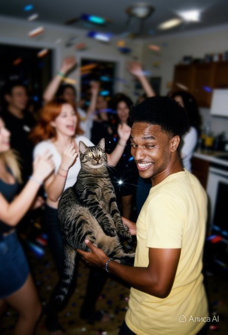 An AI-generated image (watermarked 'Arivca AI') showing a smiling young man in a yellow shirt holding a tabby cat at a house party with people dancing and confetti in the background.