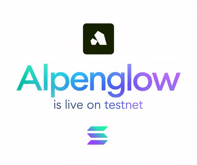 The image shows the "Alpenglow" logo (stylized in a teal-to-purple gradient) with the text "is live on testnet," accompanied by the Solana logo beneath it, visually announcing that Solana's new Alpenglow consensus protocol is now active on testnet.