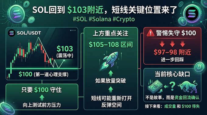 SOL/USDT is oscillating around $103, holding above first psychological support at $100. The chart flags $105–108 as a key upside range, while a loss of $100 could lead to a deeper pullback toward $97–98, as highlighted in the accompanying post.
