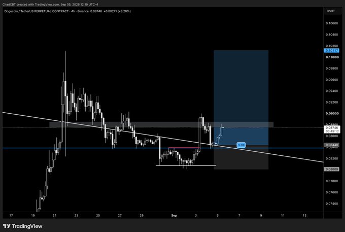 A TradingView chart for Dogecoin/TetherUS (DOGEUSDT) PERPETUAL CONTRACT on Binance shows a 4-hour candlestick view with prices ranging from approximately 0.07400 to 0.10600 USDT, displaying a descending trendline pattern.