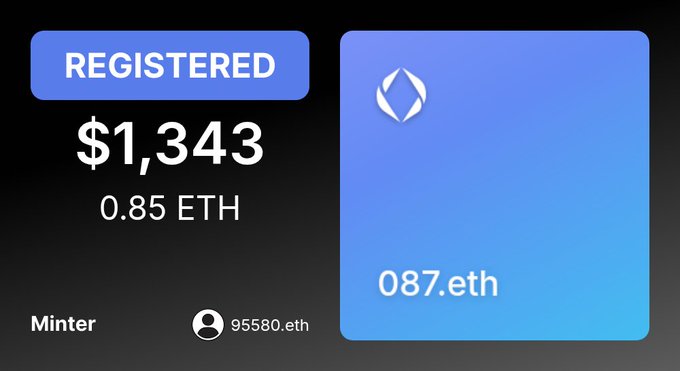 A registered ENS domain card displaying '087.eth' priced at $1,343 (0.85 ETH), minted by 95580.eth.