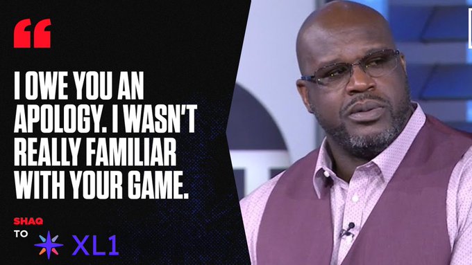 Shaq (Shaquille O'Neal) in a pink vest and glasses is shown alongside a quote that reads: 'I owe you an apology. I wasn't really familiar with your game.'