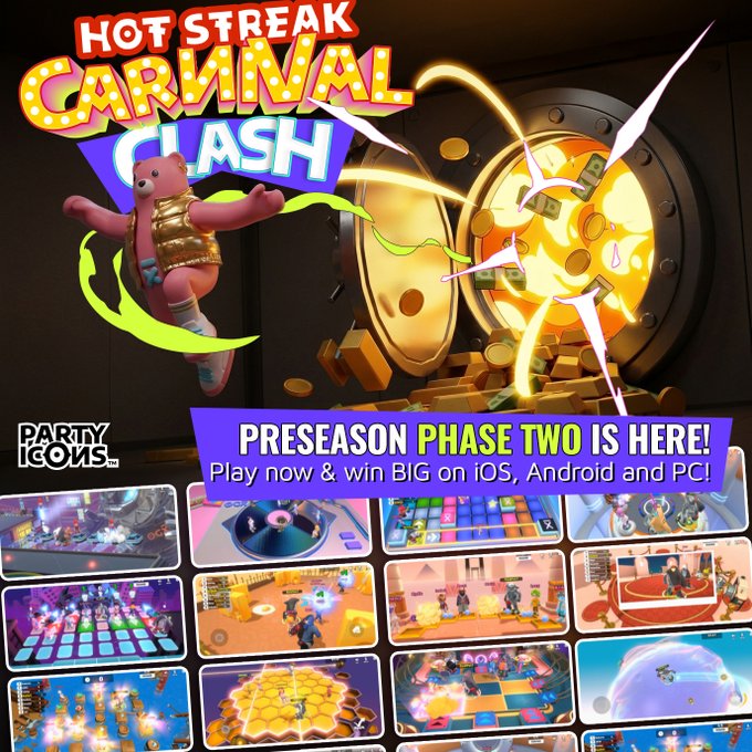 The image features a poster or advertisement for the Hot Streak Carnival Clash game, which appears to be a party-themed game with various images of people playing the game. The text on the poster indicates that the game is now live and invites players to participate in the game by sharing their experiences on social media using the hashtag #HotStreakCarnival Clash. The post also mentions that there are two seasons available, each containing a different set of gameplay elements, and encourages users to play and win big on iOS and Android platforms.